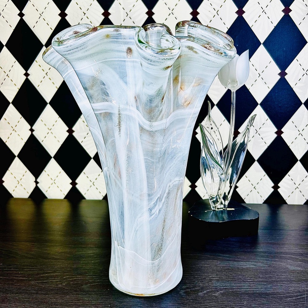 White Opaline Art Glass Vase 15" Ruffled Aventurine Statement - Picture 17 of 17